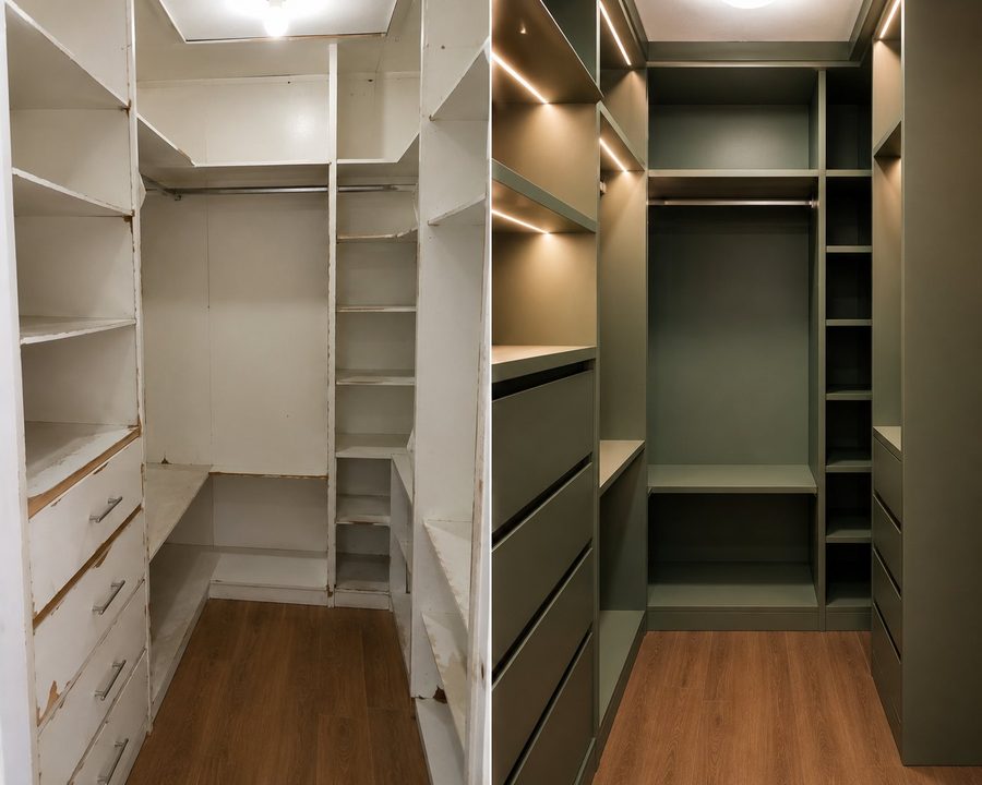 Closet antes e depois — branco destruído para verde militar com LED