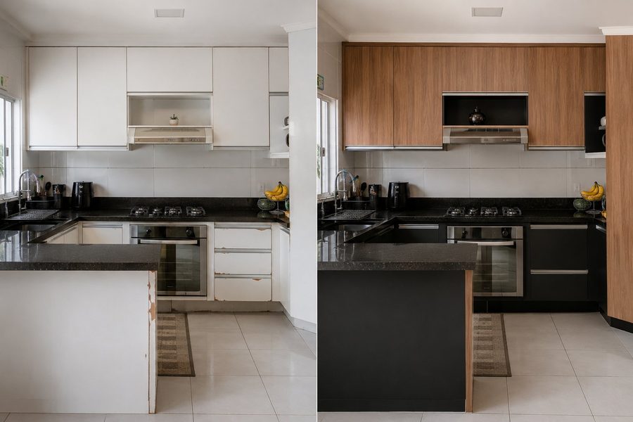 Cozinha antes e depois — branca desgastada para madeira + preto