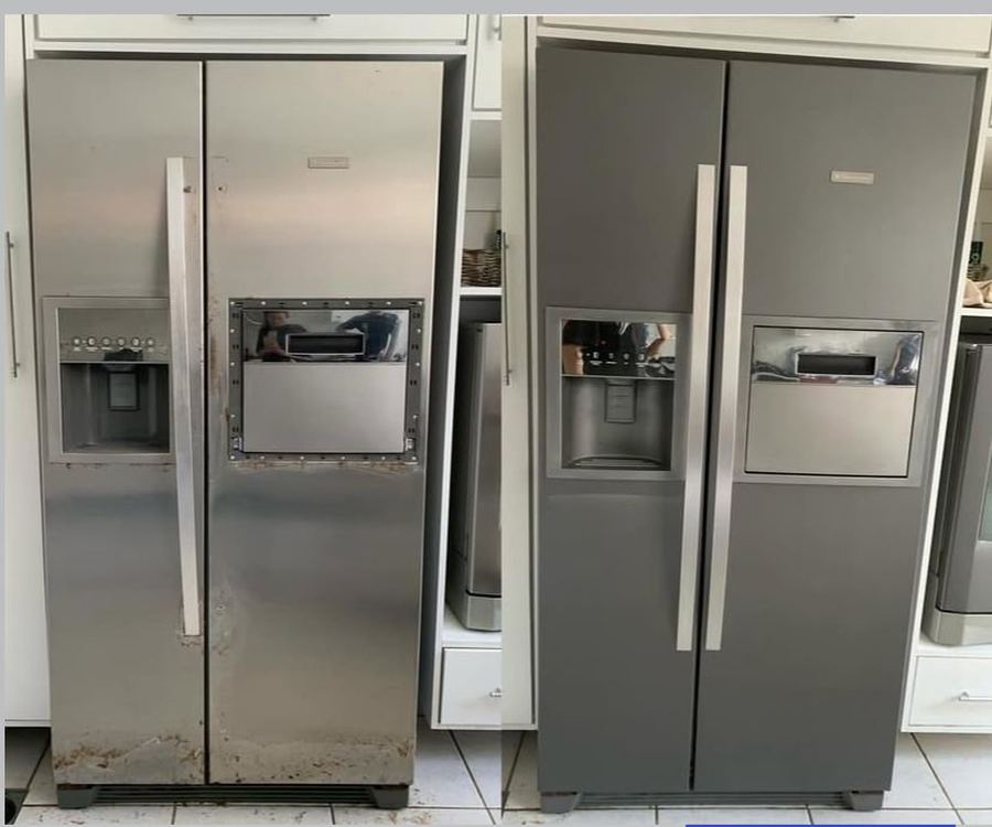 Geladeira Side by Side — antes oxidada, depois cinza renovada