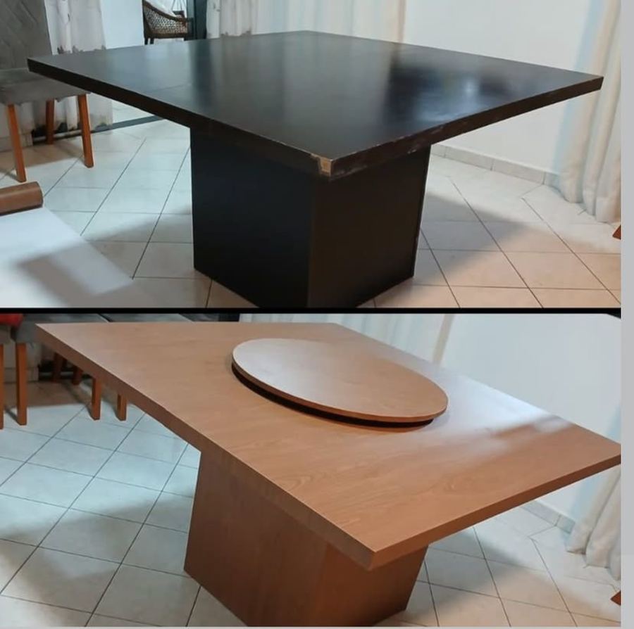 Mesa de jantar — antes preta desgastada, depois madeira clara